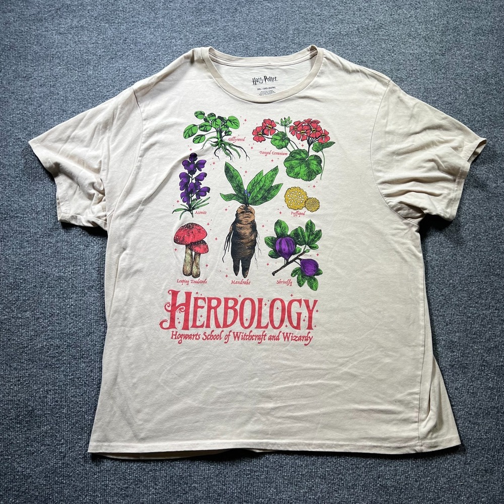 Harry Potter Herbology T-Shirt Mens 3XL Beige Short Sleeve Botanical Graphic Tee
